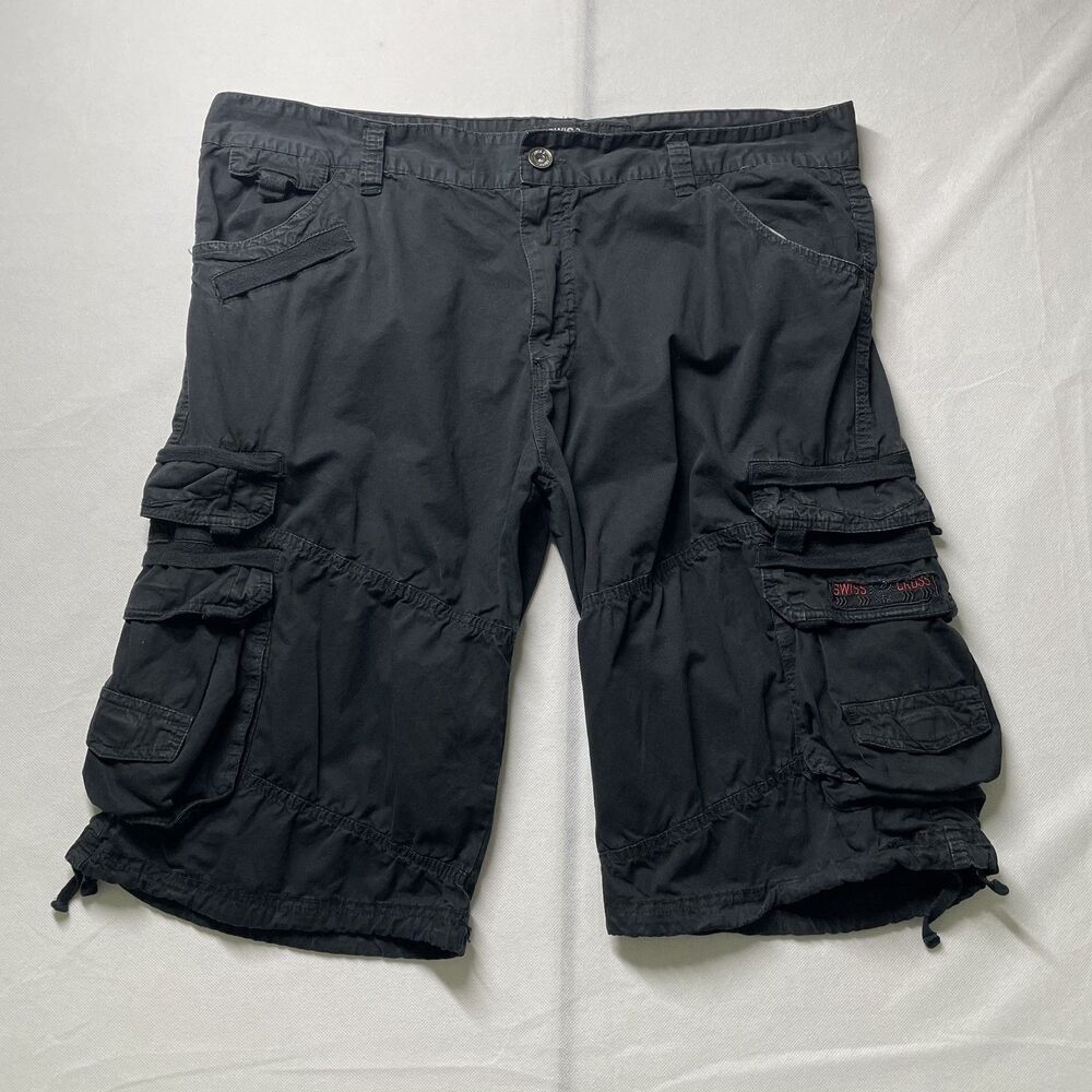 Swiss Cross Black Cargo Shorts Cotton Multiple Pocket Men's Size 40